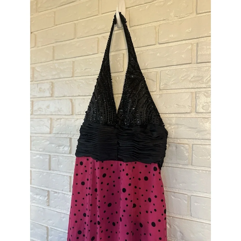 Tiffany Designs Size 10 Hot Pink Black Polka Dot‎ Beaded Halter Prom Gown Y2K